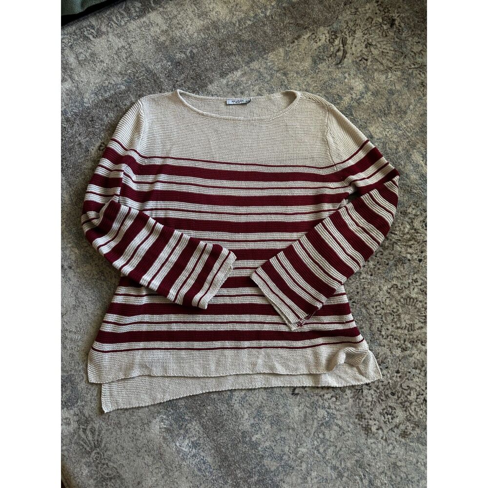 M.M.LaFleur Samara Sweater 100% Linen Striped Crimson Ivory M Elevated Casual
